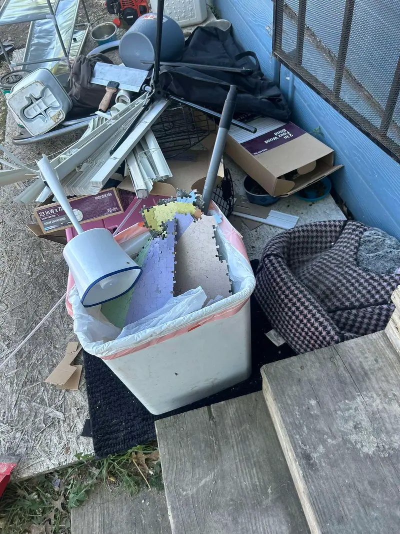 Junk stored under a shed: bin of foam mats, lamp shade, dog bed, boxes and garden tools